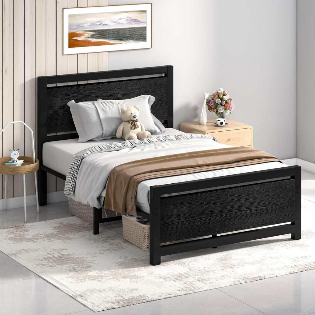 Twin Bed Frame with Headboard and Under-Bed Storage, Black H41849