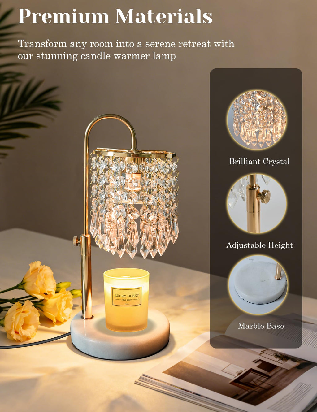 Candle Warmer Lamp with Timer Dimmable Adjustable Height Gold N492