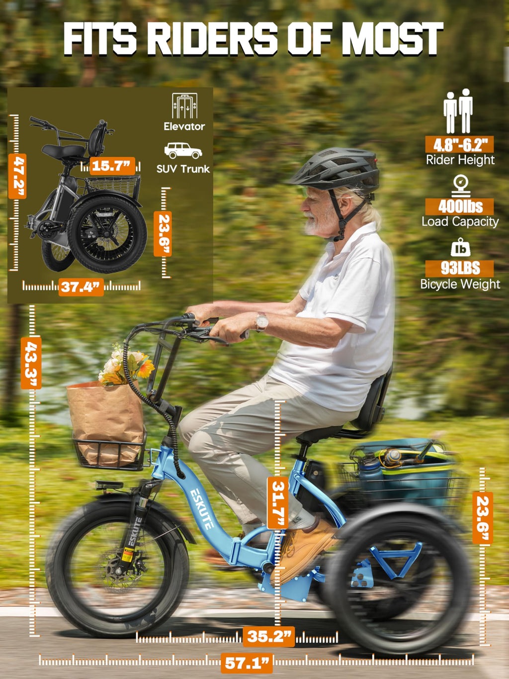 Folding 1200W Fat Tire Electric Trike with Removable Battery L691