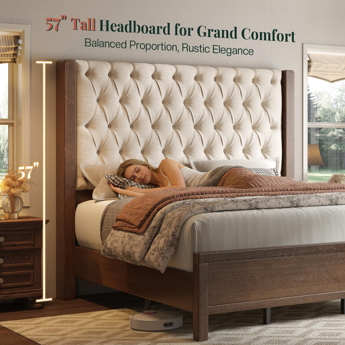Queen Size Solid Wood Bed Frame with Wingback Headboard A15916