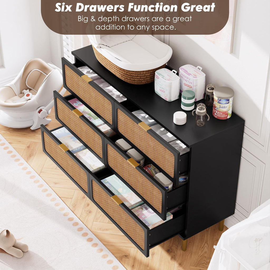Black Rattan 6 Drawer Dresser R432
