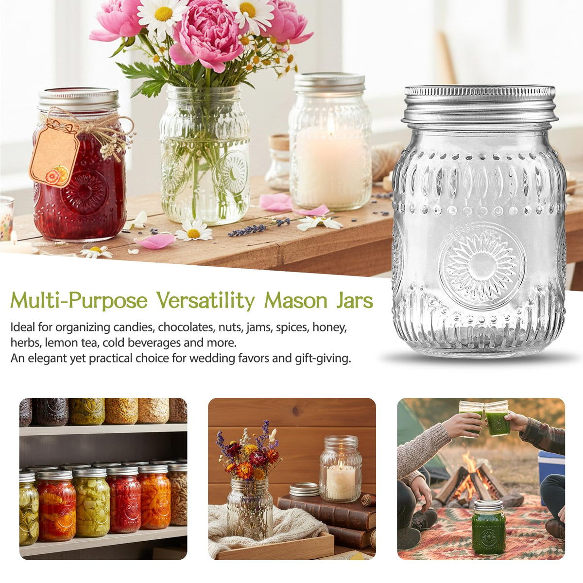 16 oz Embossed Glass Mason Jars 15Pack with Airtight Lids B763578