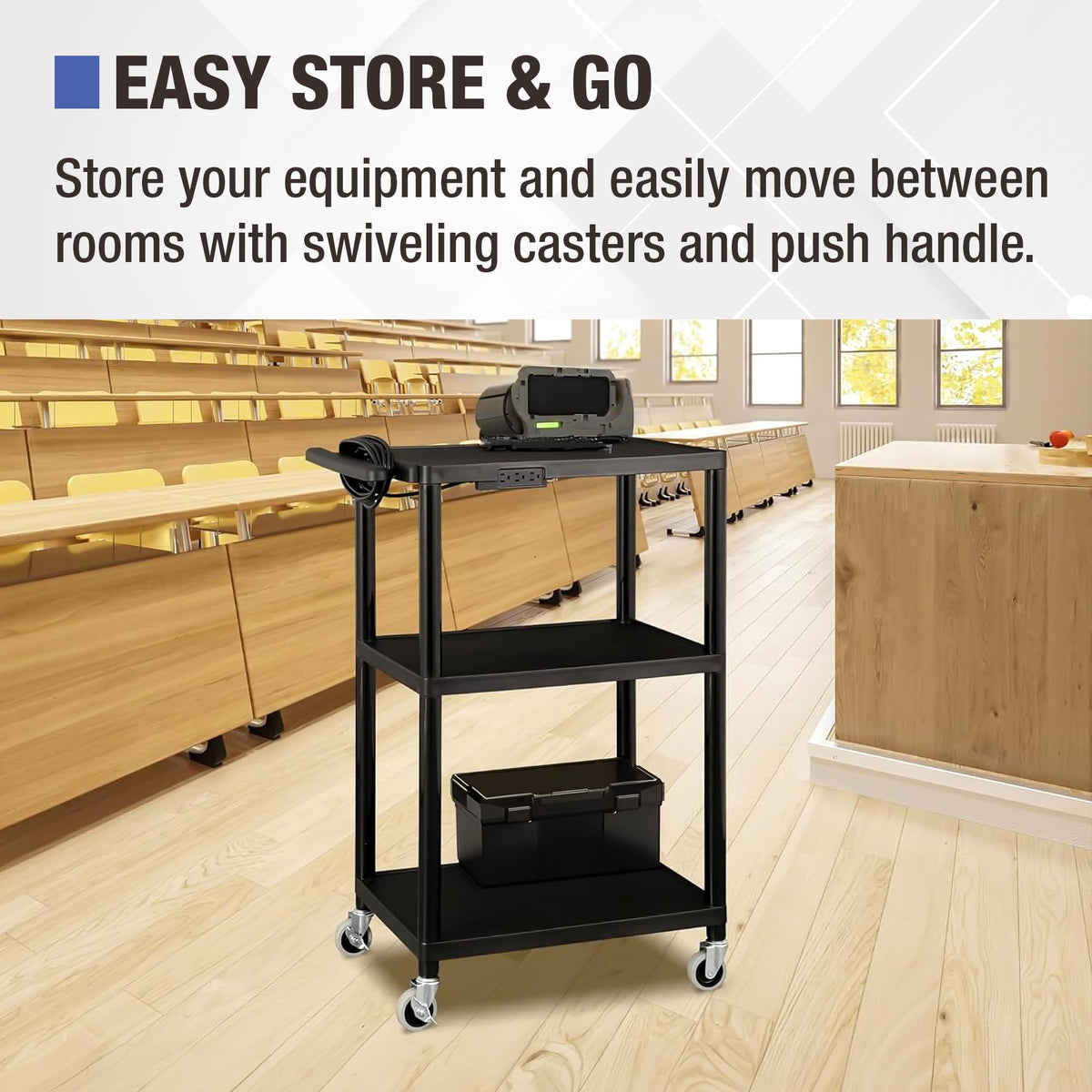 Mobile Utility AV Cart with Power Strip and Casters, Black L606