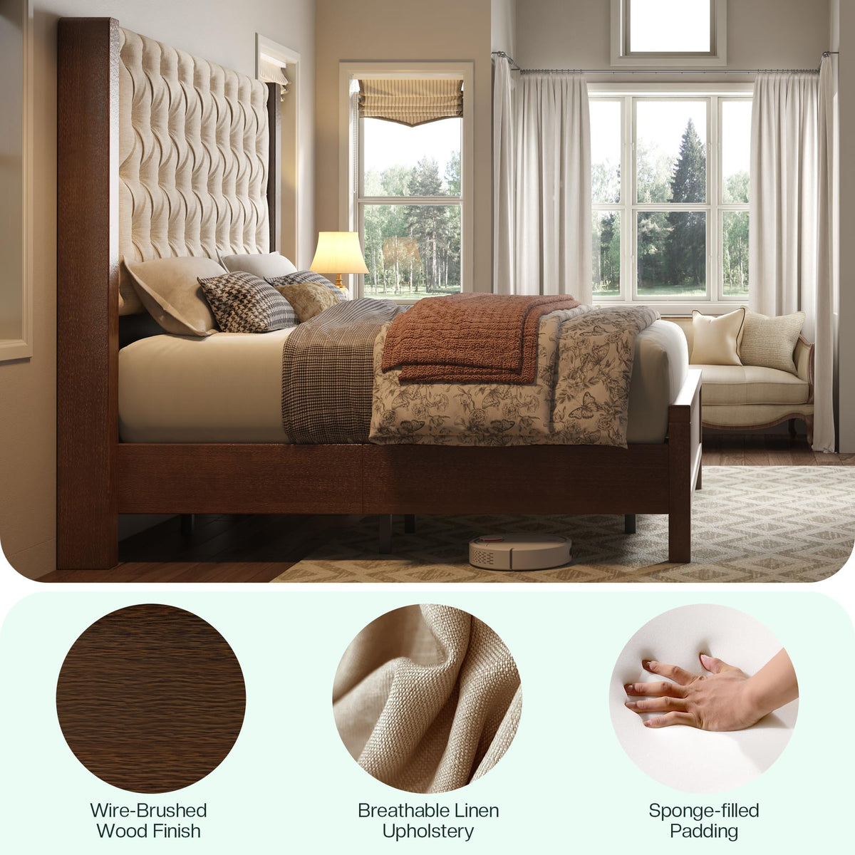 Queen Size Solid Wood Bed Frame with Wingback Headboard A15916