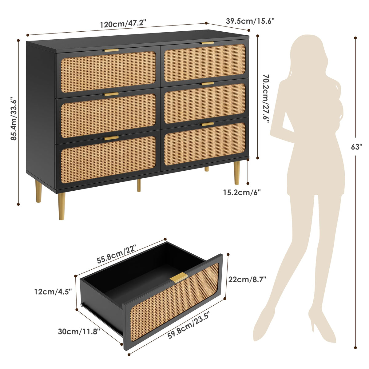 Black Rattan 6 Drawer Dresser R432