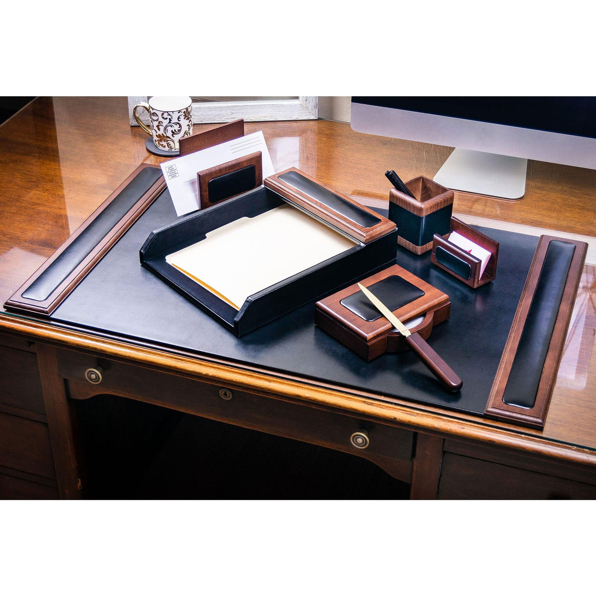 7 Piece Walnut Black Leather Desk Set B58143
