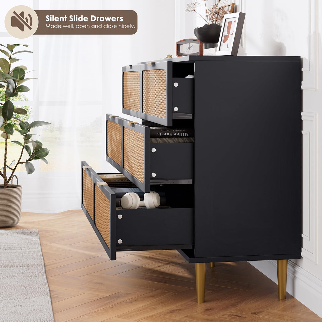 Black Rattan 6 Drawer Dresser R432