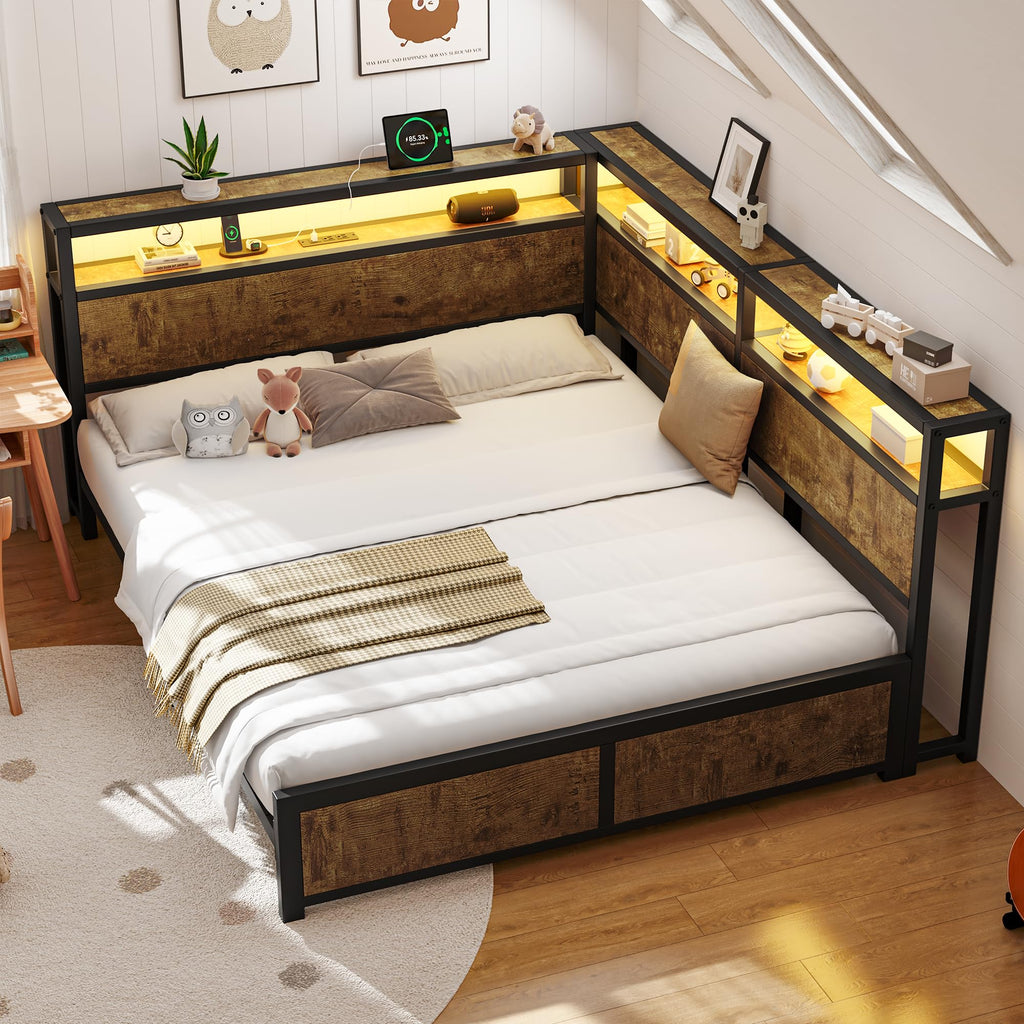 Queen Corner Bed Frame with Storage Headboard and Charging Station L596