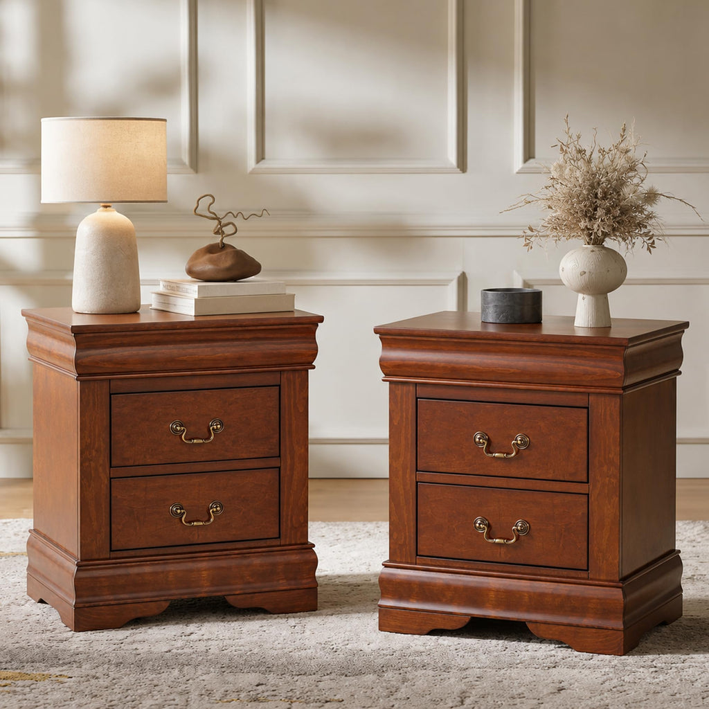 Cherry Wood Nightstands Set of 2 with Drawers I405