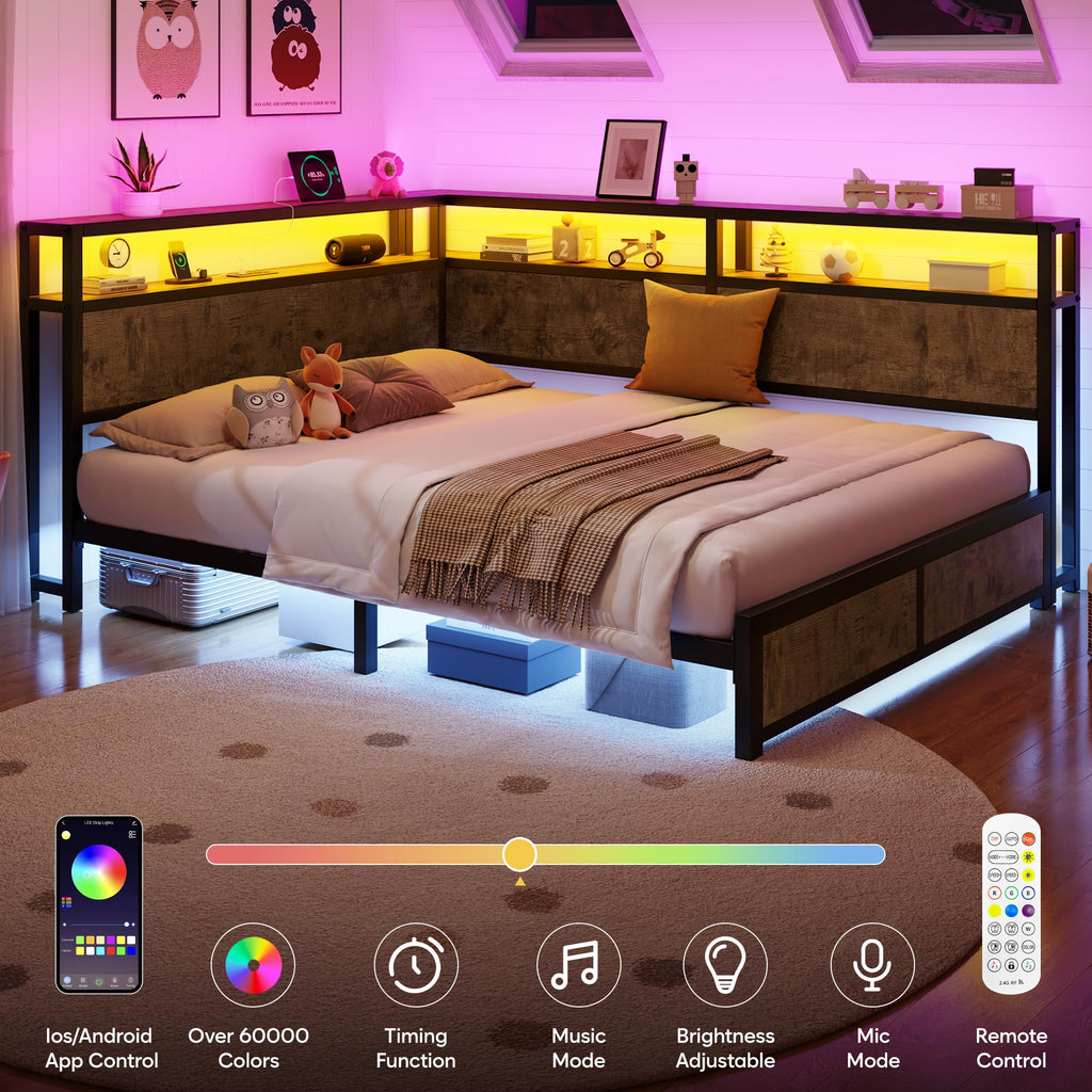 Queen Corner Bed Frame with Storage Headboard and Charging Station L596
