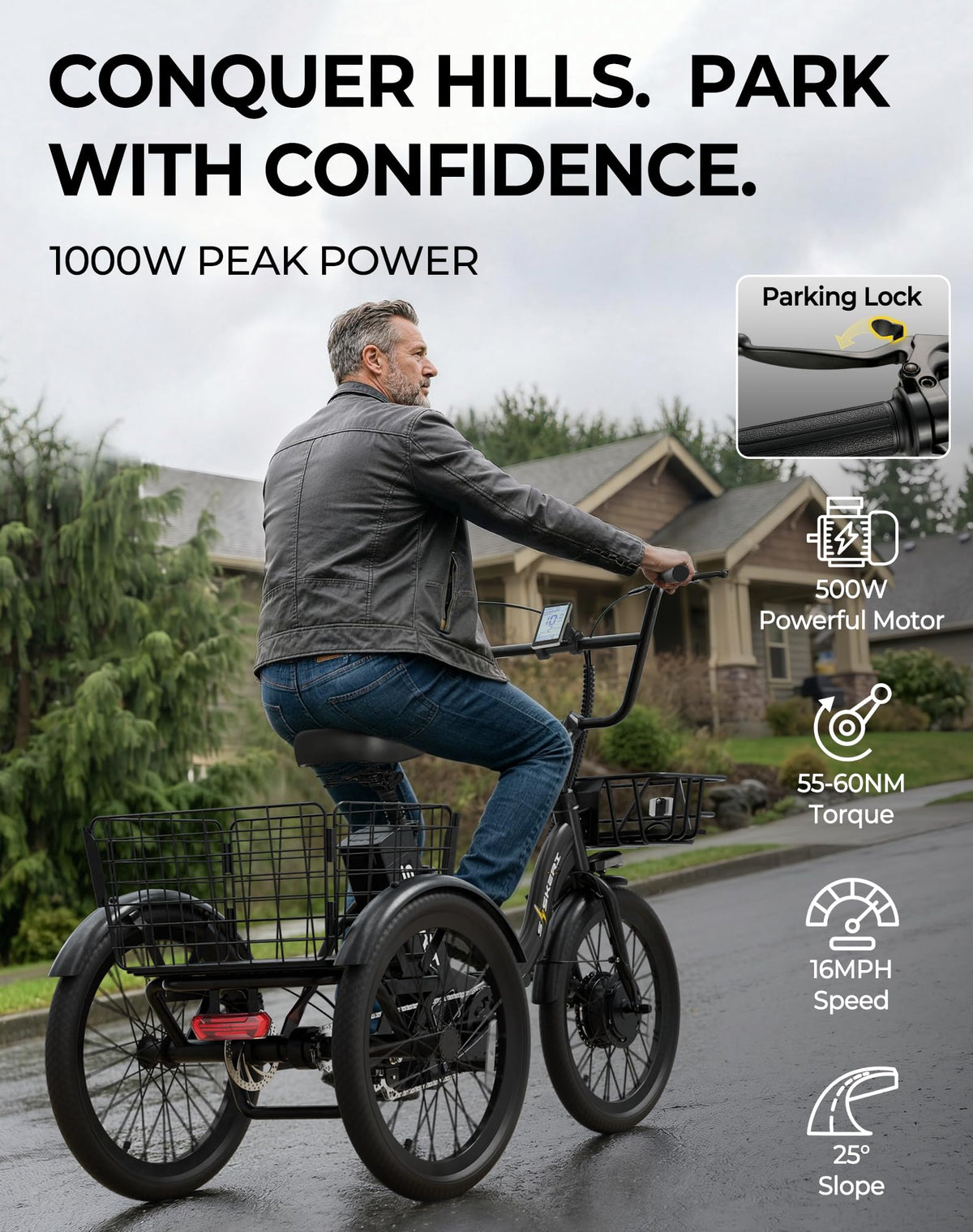 Peak 1000W 20" Folding Electric Trike with Removable Battery and Basket O7516