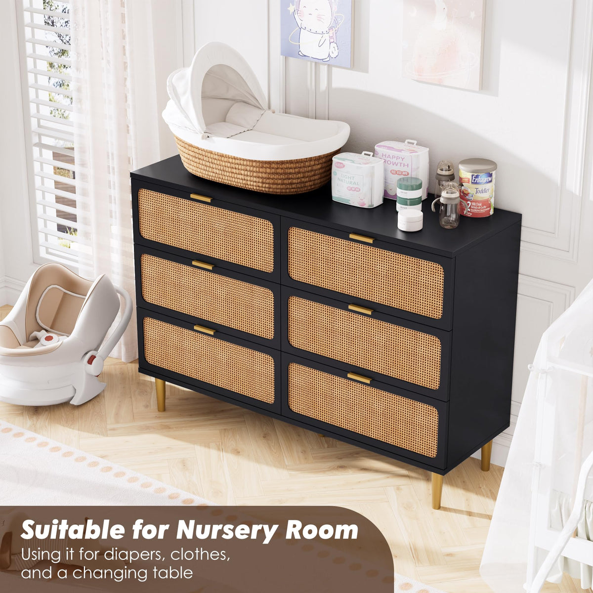 Black Rattan 6 Drawer Dresser R432