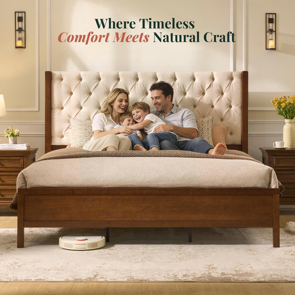 Queen Size Solid Wood Bed Frame with Wingback Headboard A15916