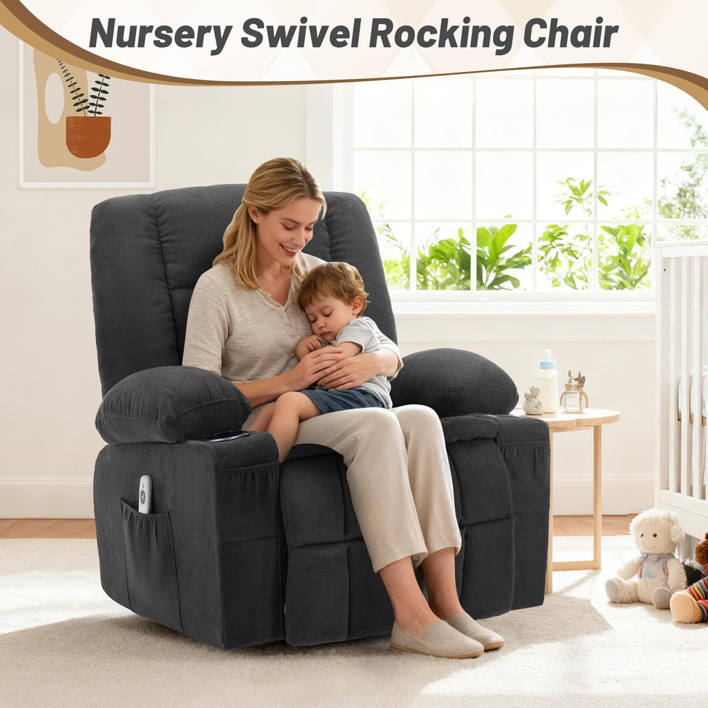 Oversized Swivel Rocker Recliner Chair with Massage & Heat, Black Z8097