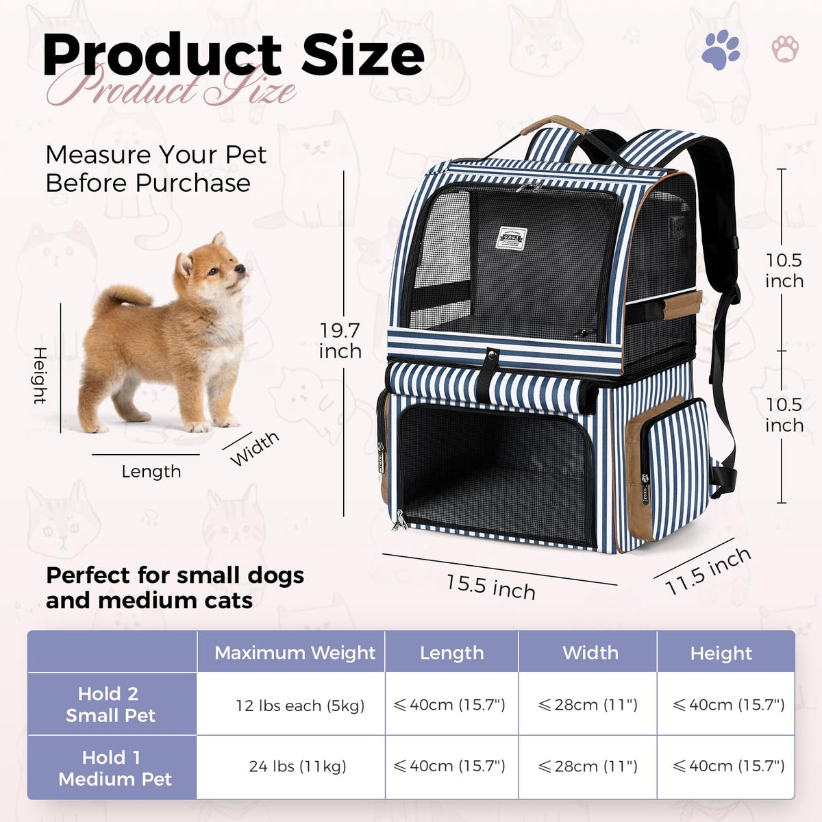 Double Cat Backpack Carrier for 2 Cats Blue Striped L892