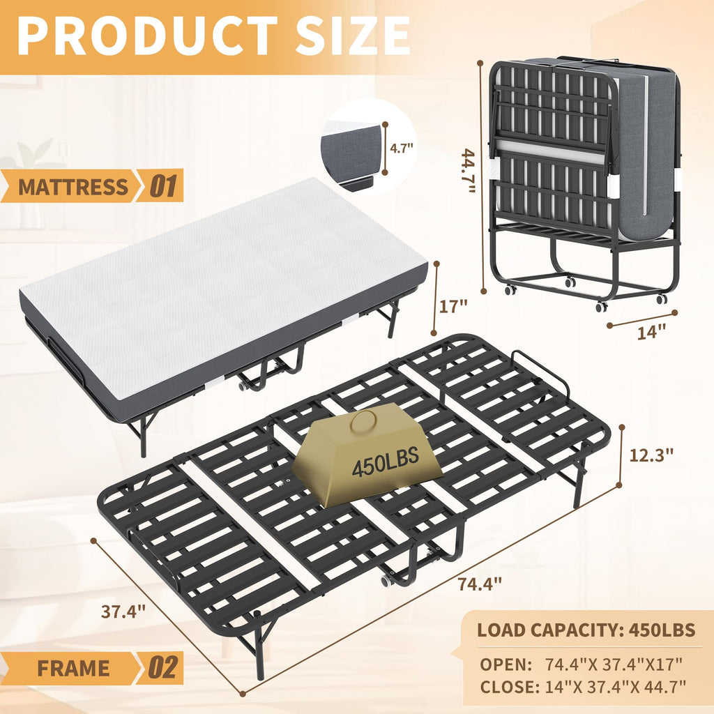 Foldable Roll Away Bed with Mattress 75" x 38" E202