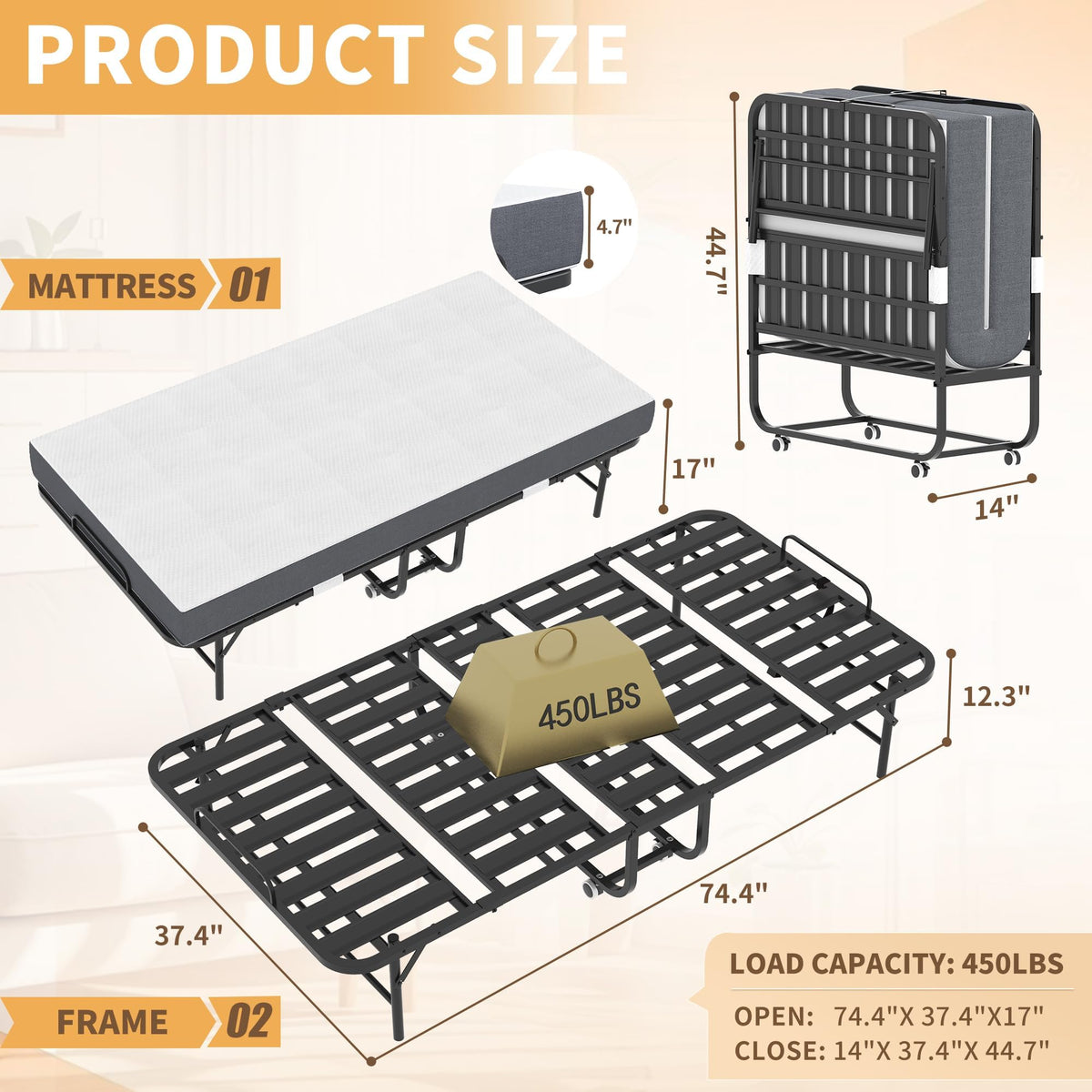Foldable Roll Away Bed with Mattress 75" x 38" E202