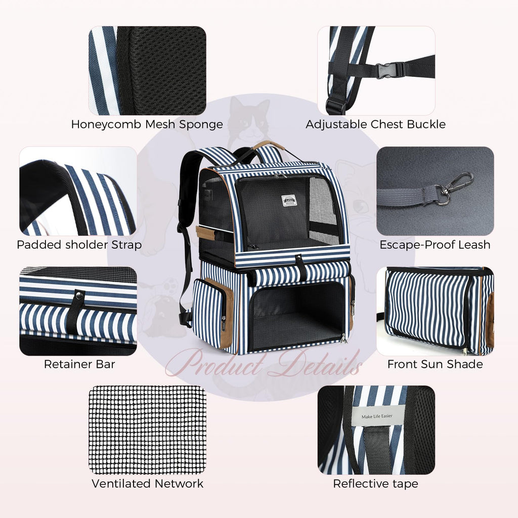 Double Cat Backpack Carrier for 2 Cats Blue Striped L892