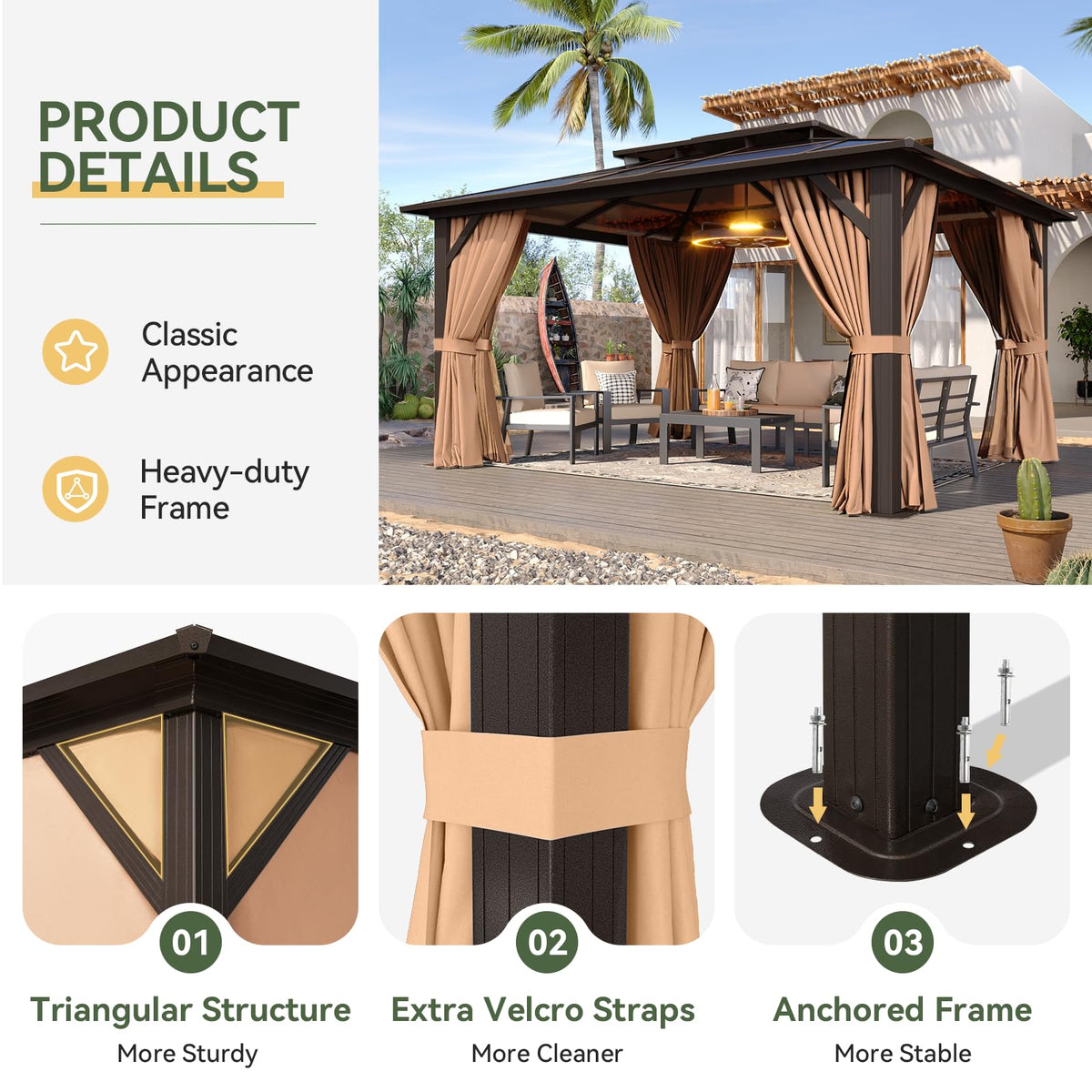 12'x10' Hardtop Gazebo with Polycarbonate Double Roof K844