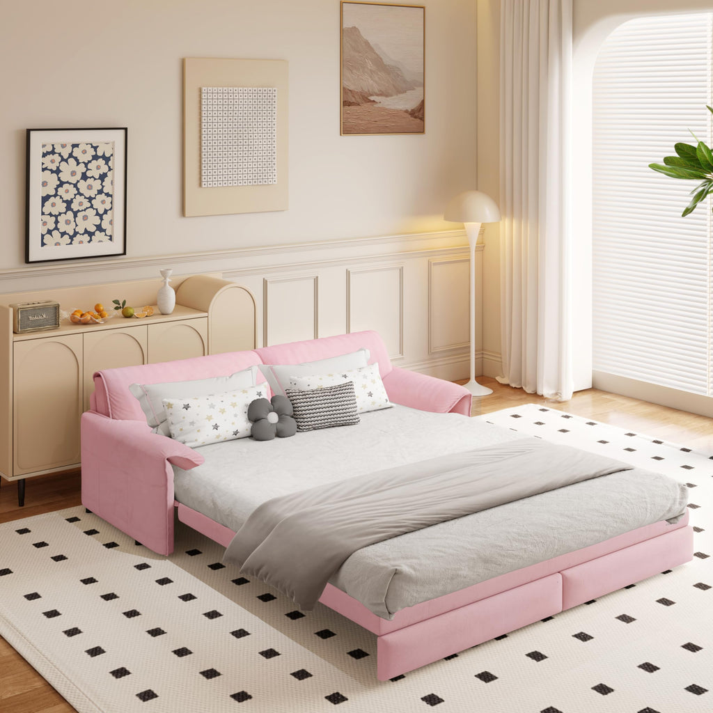 Queen Size Pink Velvet Convertible Futon Sofa Bed Q619222