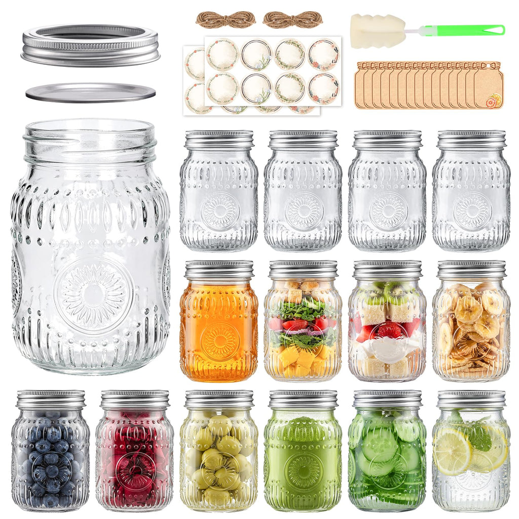 16 oz Embossed Glass Mason Jars 15Pack with Airtight Lids B763578