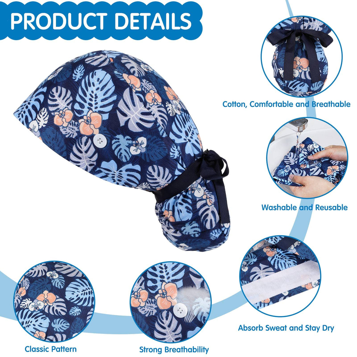 30 Pcs Scrub Caps with Buttons and Ribbon B68096