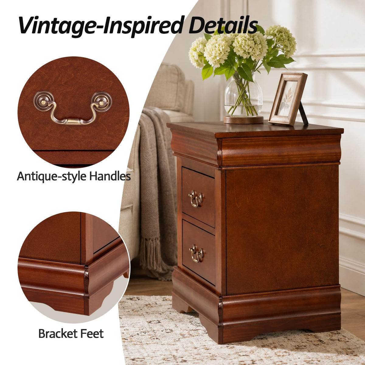 Cherry Wood Nightstands Set of 2 with Drawers I405