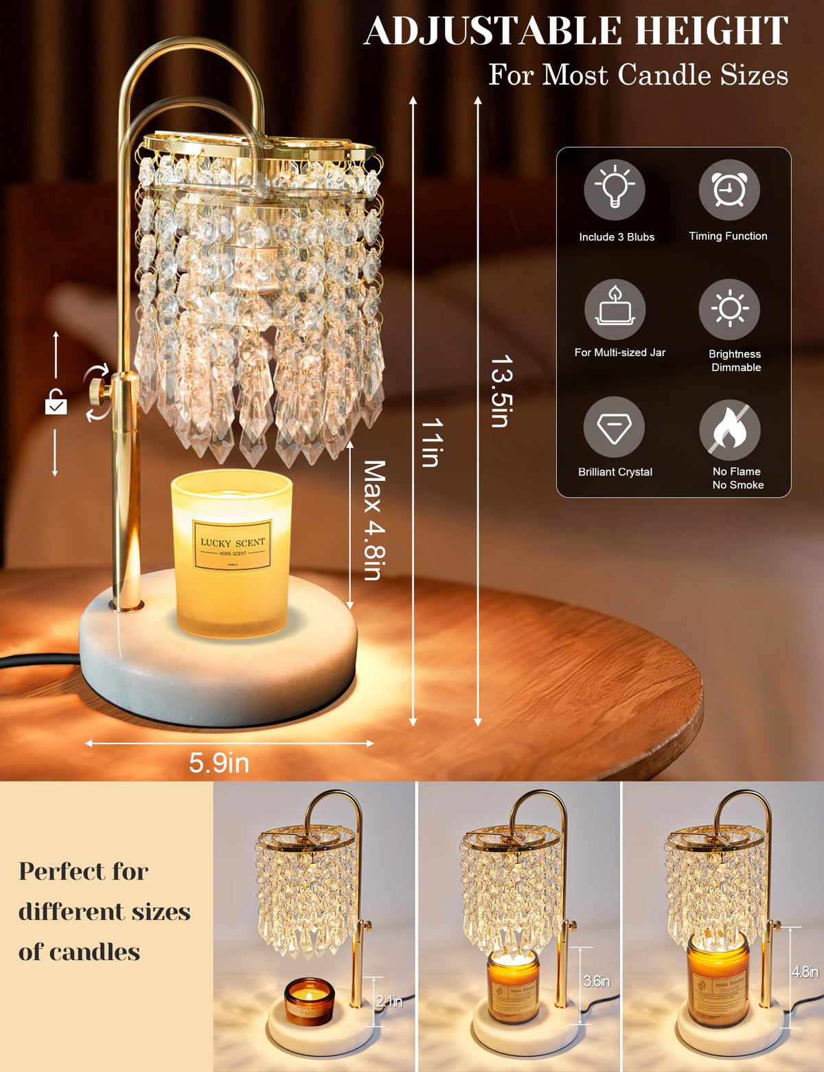 Candle Warmer Lamp with Timer Dimmable Adjustable Height Gold N492
