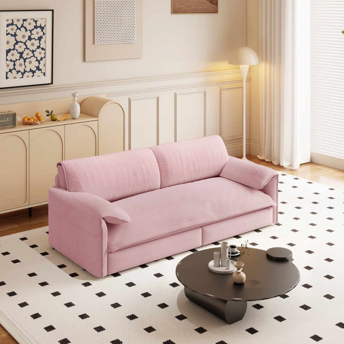 Queen Size Pink Velvet Convertible Futon Sofa Bed Q619222