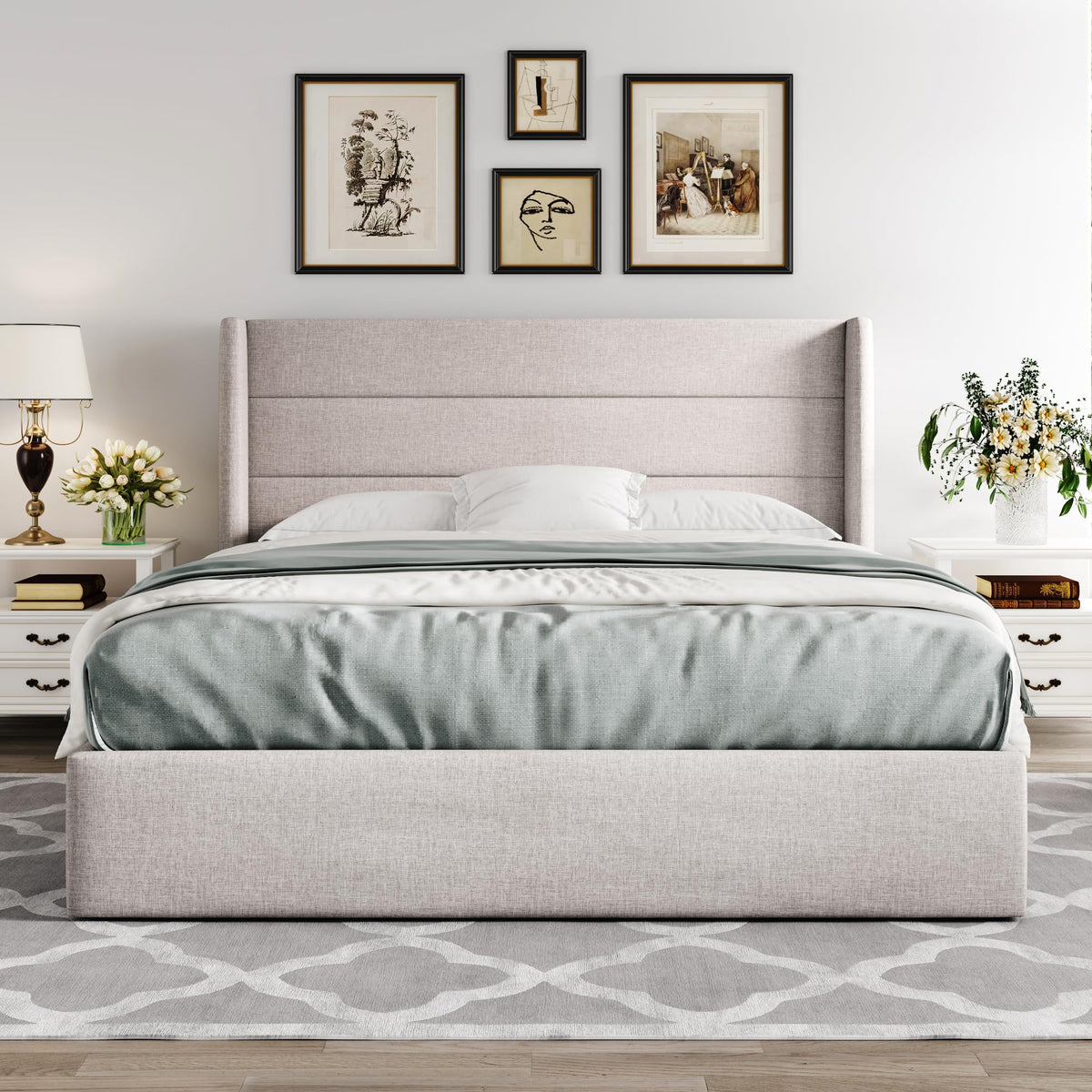 Queen Size Lift Up Storage Bed Frame Light Beige A86070