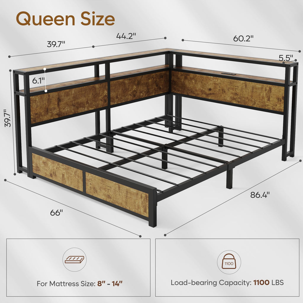 Queen Corner Bed Frame with Storage Headboard and Charging Station L596