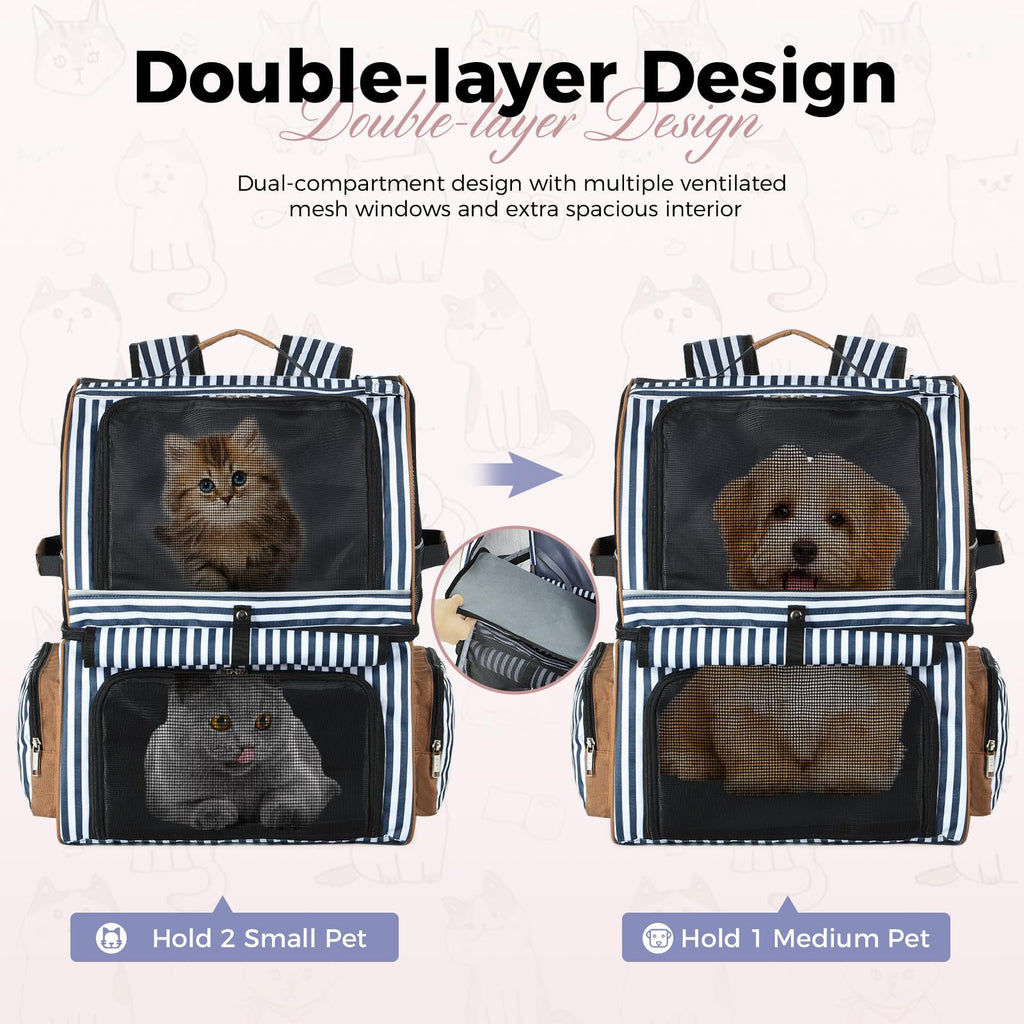 Double Cat Backpack Carrier for 2 Cats Blue Striped L892