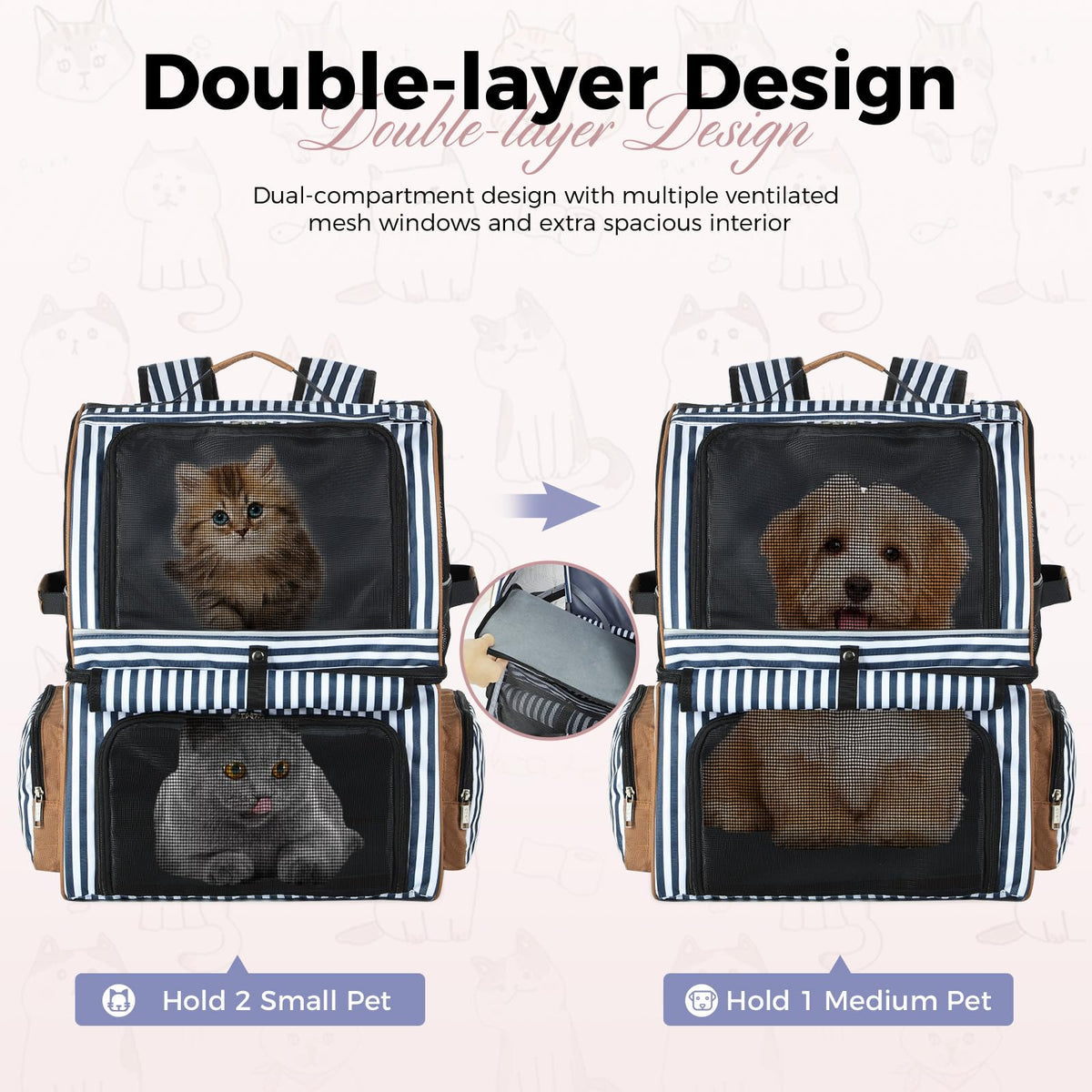 Double Cat Backpack Carrier for 2 Cats Blue Striped L892