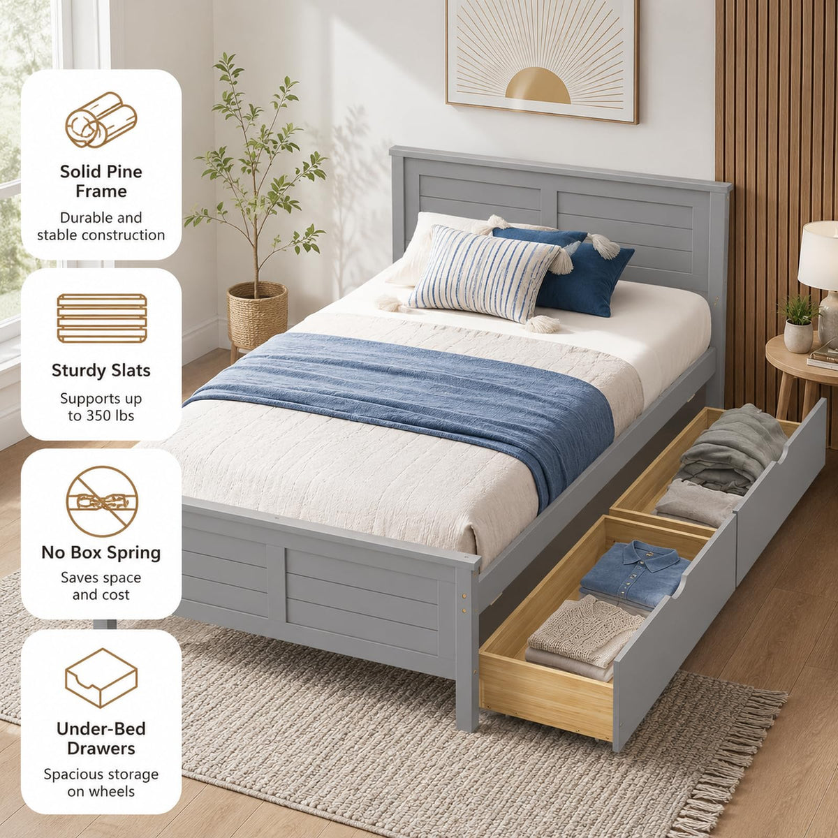 Wood Bed Frame with 2 Drawers & Headboard U924