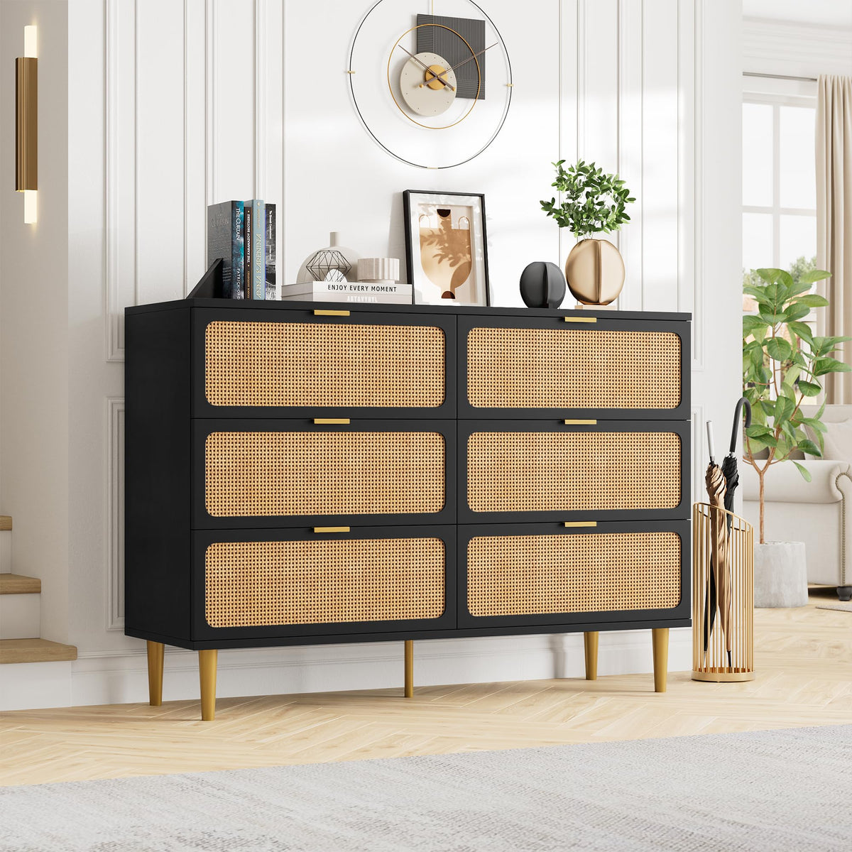 Black Rattan 6 Drawer Dresser R432