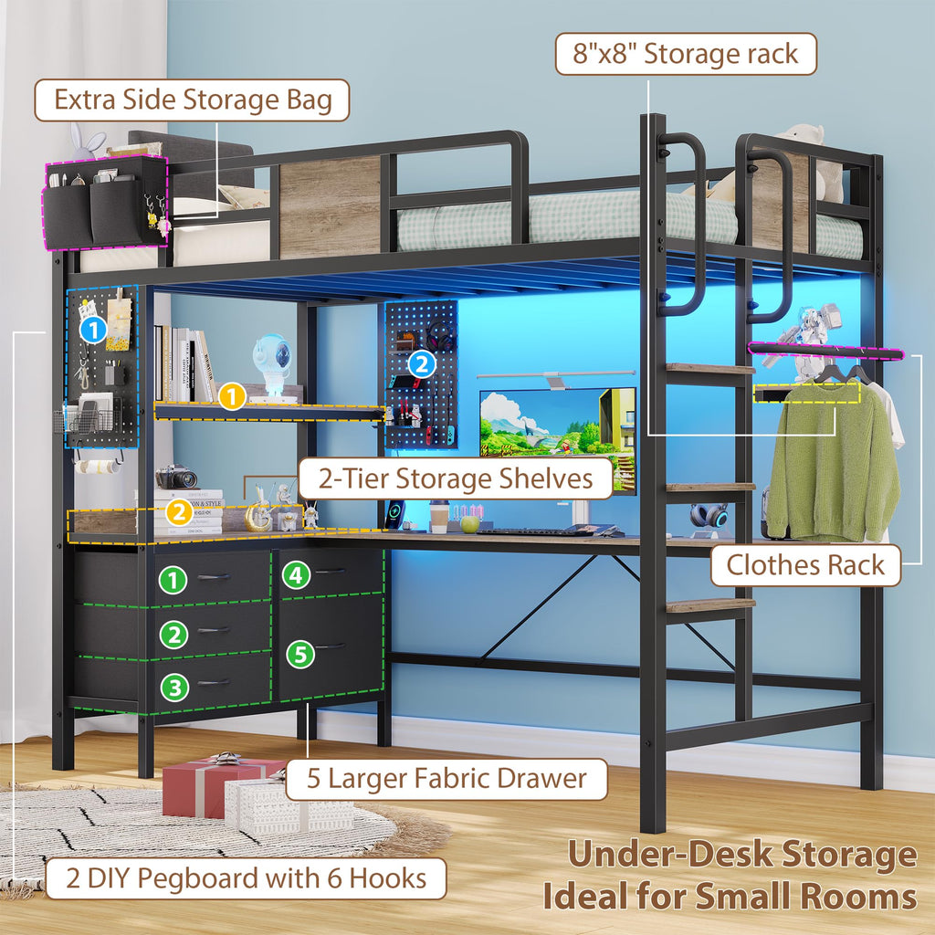 Twin Loft Bed with Desk and 5 Storage Drawers Q234213