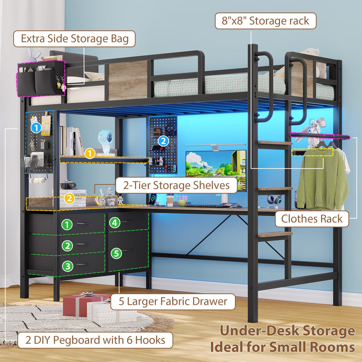 Twin Loft Bed with Desk and 5 Storage Drawers Q234213
