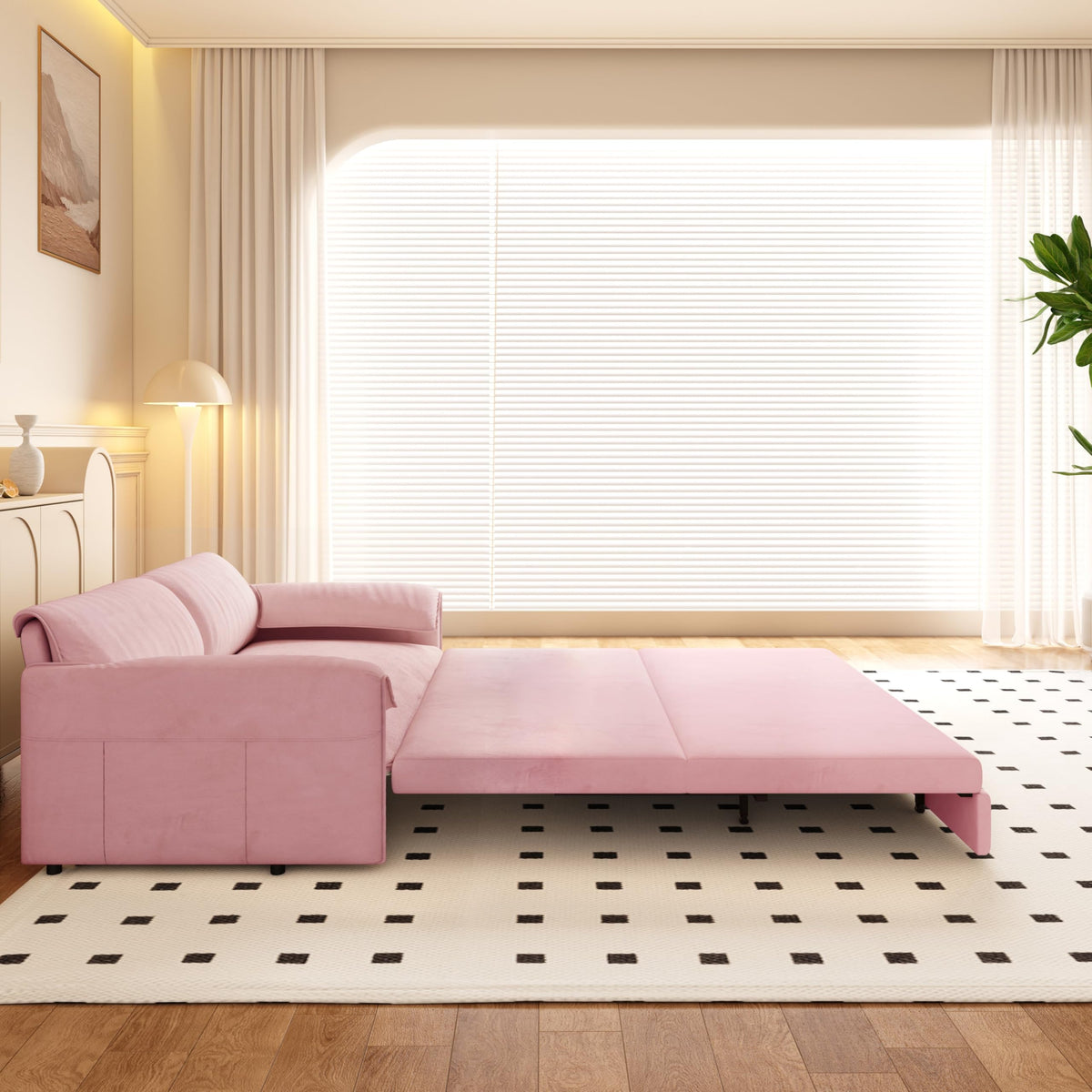 Queen Size Pink Velvet Convertible Futon Sofa Bed Q619222