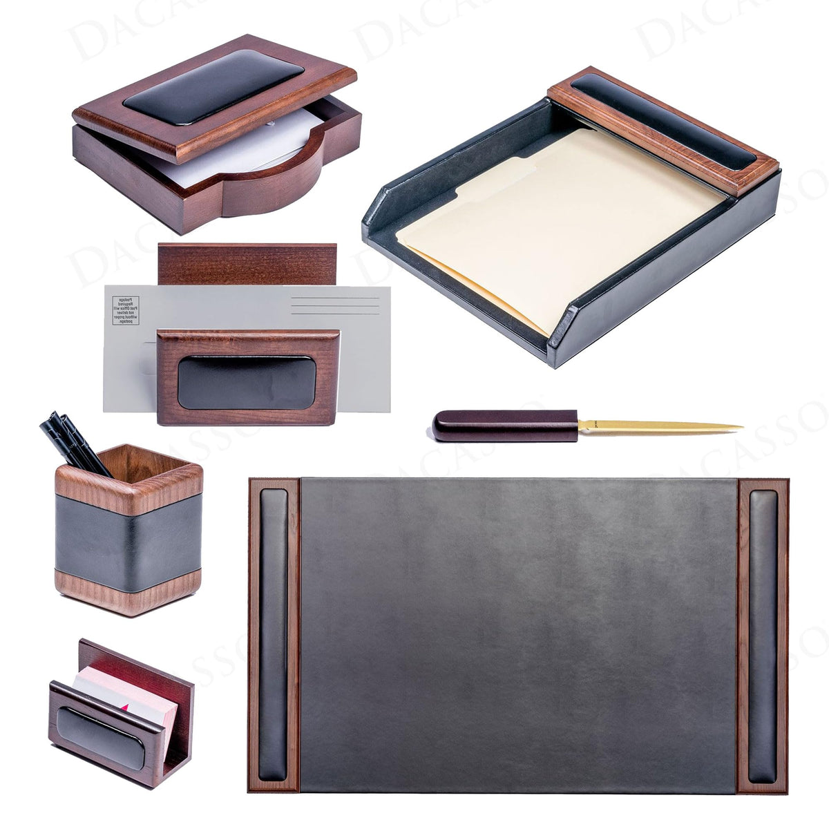7 Piece Walnut Black Leather Desk Set B58143