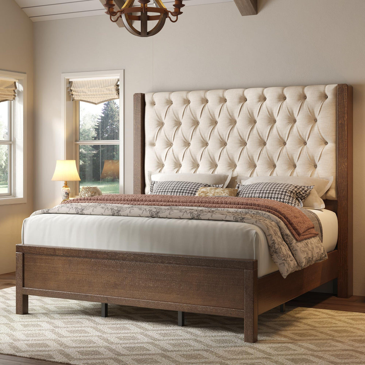 Queen Size Solid Wood Bed Frame with Wingback Headboard A15916