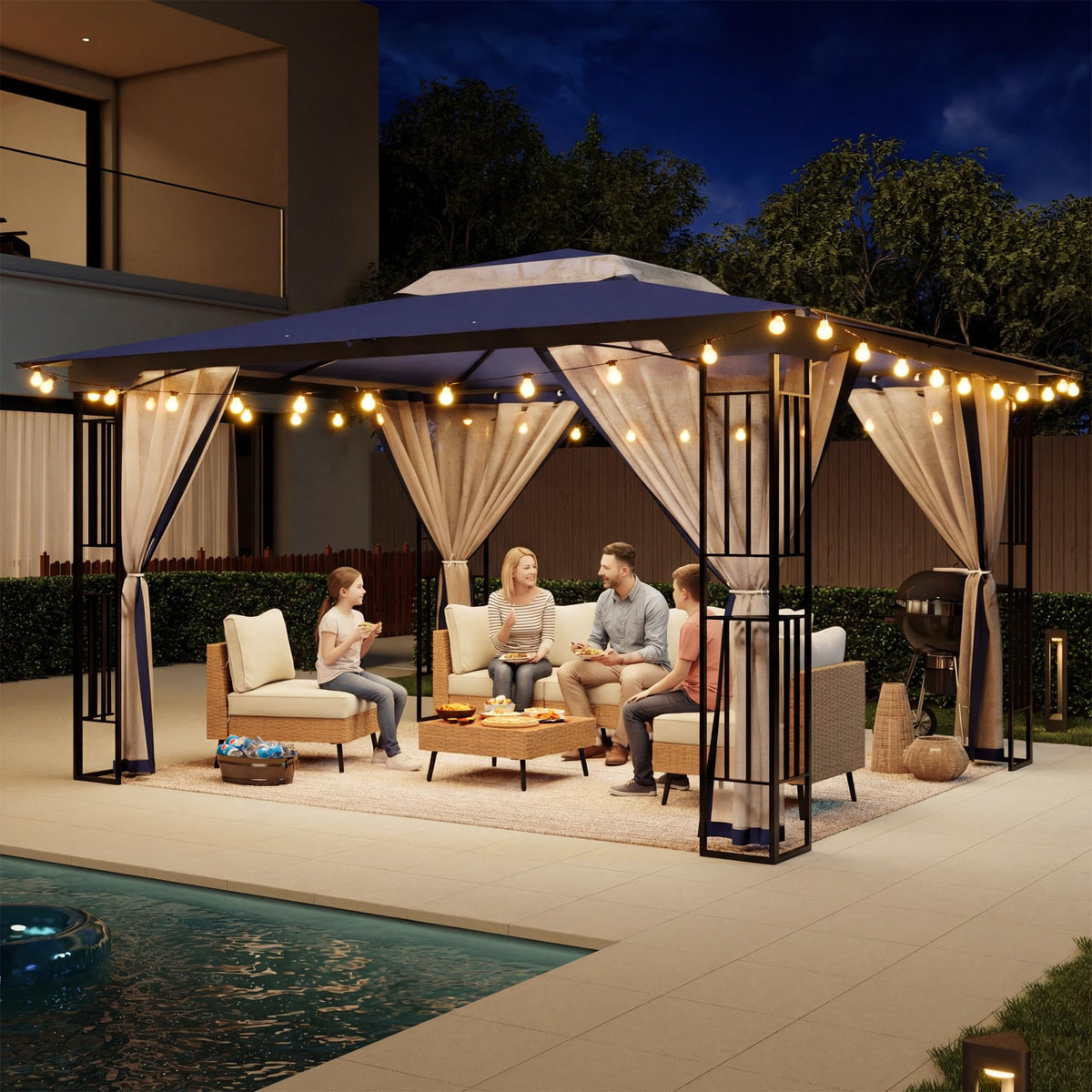 13' x 11' Navy Blue Outdoor Patio Gazebo with Mosquito Netting U3734