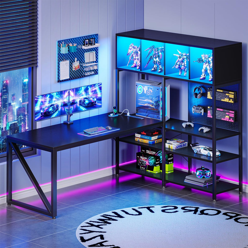 63" L Shaped Gaming Desk with Display Hutch S3140