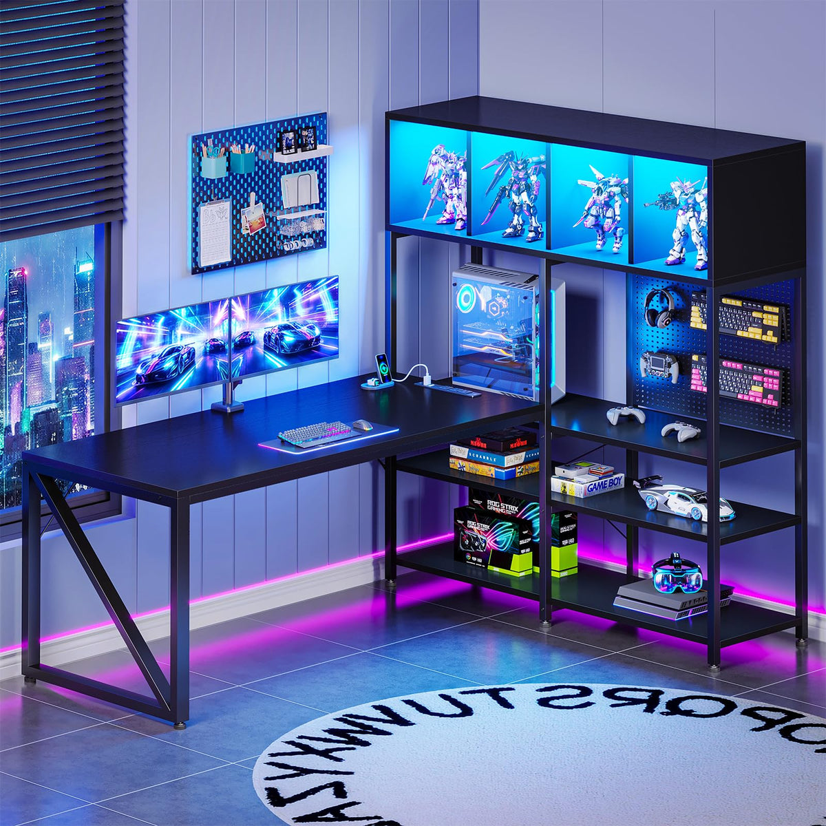 63" L Shaped Gaming Desk with Display Hutch S3140