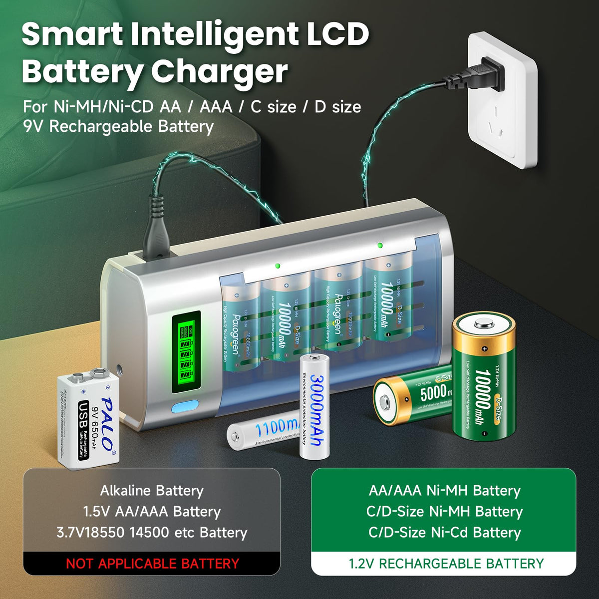 Rechargeable C Batteries with Charger, 6-Pack 1.2V NiMH 5000mAh O270170