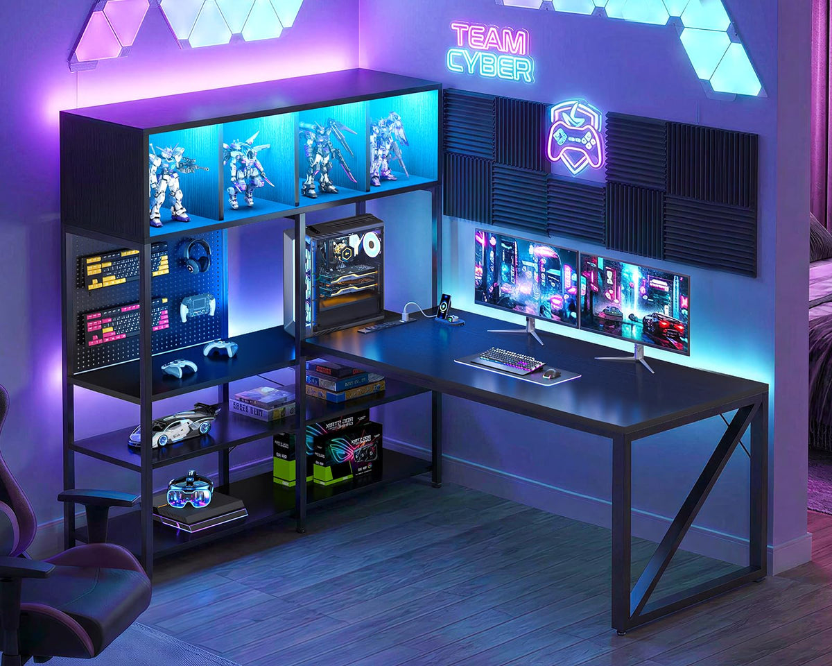 63" L Shaped Gaming Desk with Display Hutch S3140