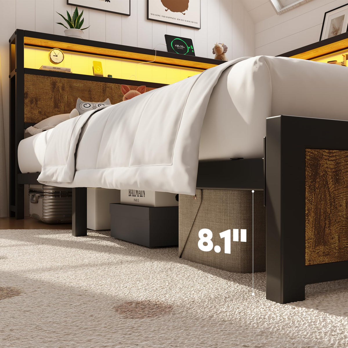 Queen Corner Bed Frame with Storage Headboard and Charging Station L596