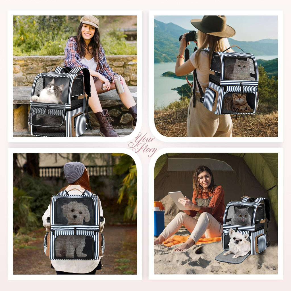 Double Cat Backpack Carrier for 2 Cats Blue Striped L892