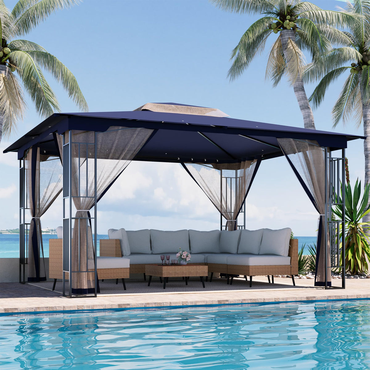 13' x 11' Navy Blue Outdoor Patio Gazebo with Mosquito Netting U3734