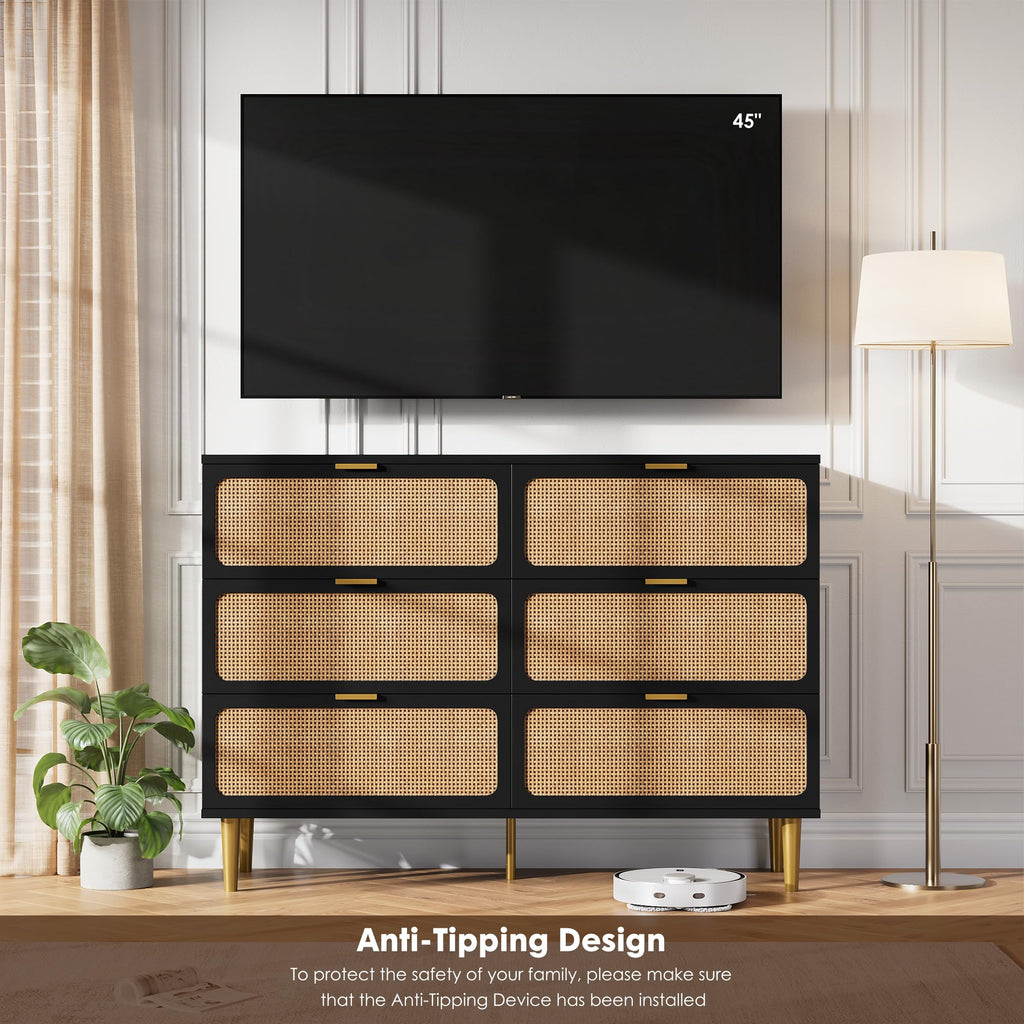 Black Rattan 6 Drawer Dresser R432