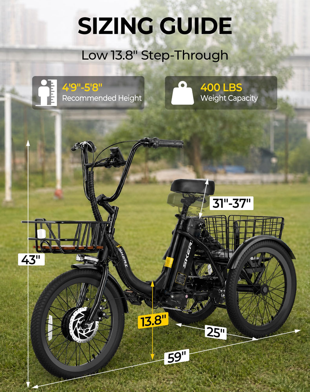 Peak 1000W 20" Folding Electric Trike with Removable Battery and Basket O7516